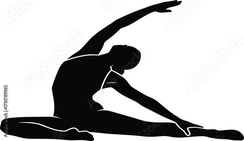 Black silhouette of woman performing seated side stretch yoga pose, flexibility exercise, fitness training, wellness and health concept for vector illustration design