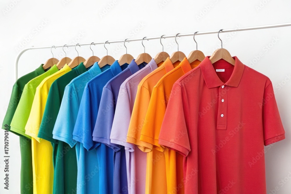 Obraz premium Colorful Polo Shirts Displayed on Hangers in a Retail Setting