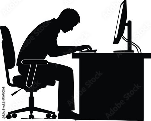 Black silhouette office worker sitting at desk with computer, poor posture ergonomic concept vector illustration for workplace health and safety awareness