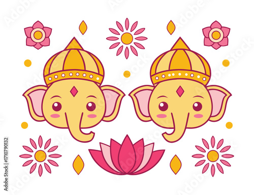 Adorable illustration of Lord Ganesha surrounded by flowers and geometric shapes