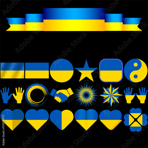 Set of different icons with symbols of Ukraine.Flag of Ukraine in different elements, icons and shapes.Vector