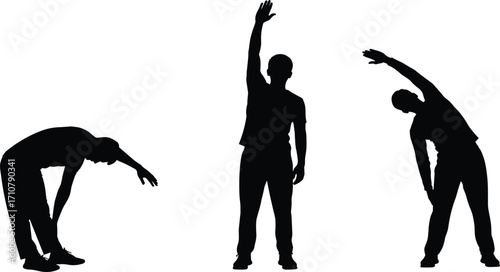 Black silhouette people performing stretching exercises, fitness warm up, flexibility training, workout poses, healthy lifestyle, physical activity, vector illustration design art