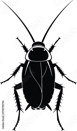 Black silhouette vector illustration of cockroach insect from top view with antennae, legs, and segmented body, isolated on white background