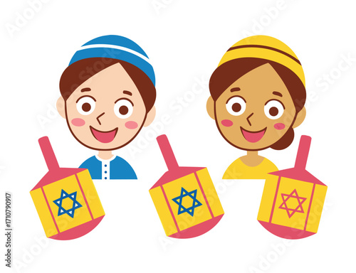 Happy Hanukkah kids playing with dreidels cartoon illustration design concept
