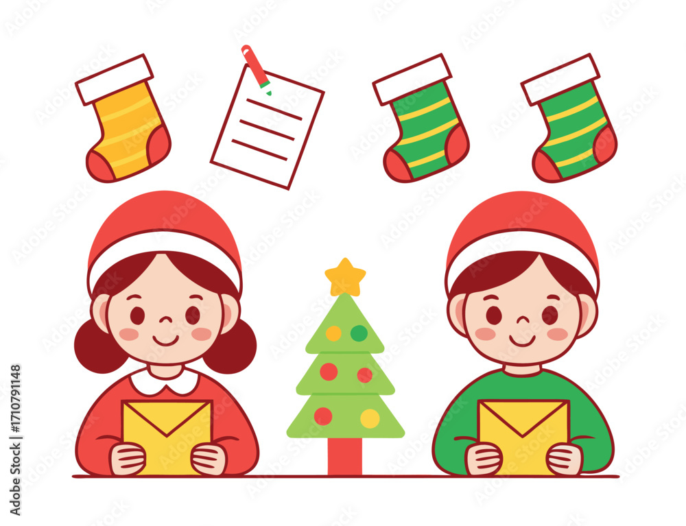 Naklejka premium Festive Holiday Illustration of Children Christmas Tree Stockings and Wish List