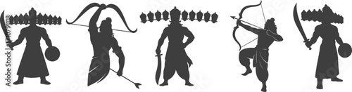 Set of Lord Ram and Ravan Flat Vector Silhouette for Dussehra Celebration