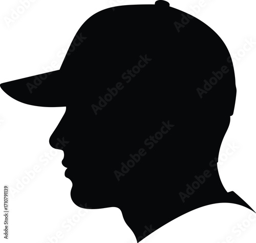 Black silhouette vector illustration of man wearing baseball cap in profile view, head and shoulders, isolated on white background for design