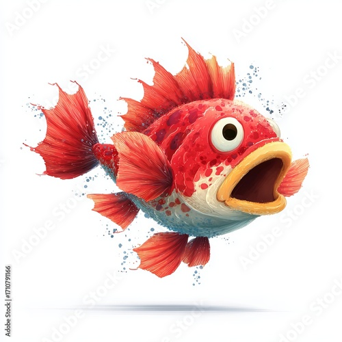 Whimsical Red Fish in Aquatic Adventures: A vibrant and dynamic illustration of a red fish, showcasing a joyful spirit amidst an aquatic environment.