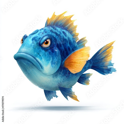 Anger of the Underwater Kingdom: A fierce illustration showcasing a disgruntled, azure fish. It embodies an attitude and is rendered in a clean, artistic style, hinting at the power of the deep.