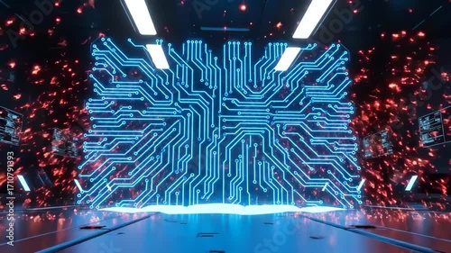 Digital Blueprint: A luminous circuit board design shines vibrantly, depicting the intricate architecture of the digital realm and serving as a symbol of advanced technology.