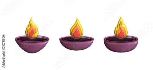 3D Diwali Diya PNG Set on Transparent Background with Glowing Flames Purple Oil Lamps for Festival of Lights, Spiritual Decor, and Celebration
