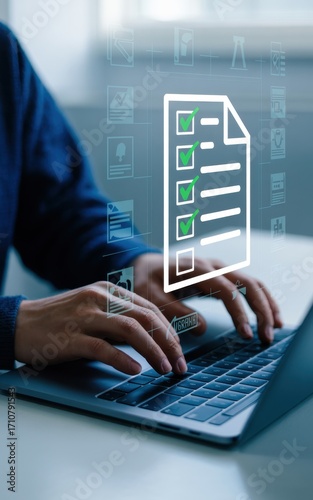 Closeup of a person using a laptop with a digital document icon floating above the keyboard, representing online forms and document management