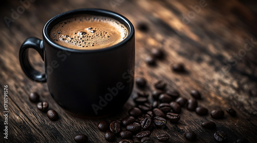 Close up of black coffee mug with foam coffee beans scattered on rustic wooden surface, creating warm and inviting coffee scene with rich textures and deep colors