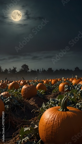 Midnight Harvest: Spooky Low Angle View of a Mysterious Foggy Pumpkin Patch Under a Full Moon