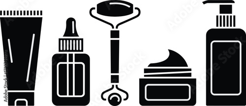 Minimalist black and white line art icons representing skincare products and tools for beauty routines