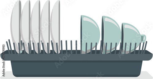 Modern dish drying rack with glasses and cups on a clean surface