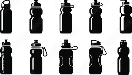 Collection of various reusable water bottle silhouettes with different shapes, caps, and designs for eco-friendly hydration and outdoor lifestyle themes