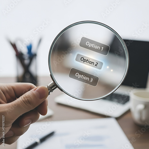 Hand holding magnifying glass over options on desk with laptop  