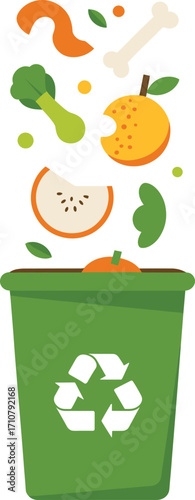 Green recycling bin filled with organic food waste and compostable materials for sustainability