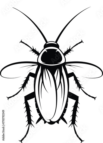 Highly detailed black and white cockroach vector illustration, top view insect anatomy drawing for pest control, entomology, science, and educational design