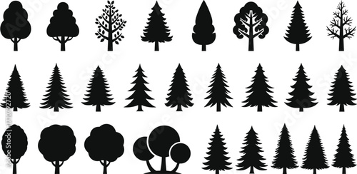 Tree silhouettes, black foliage, nature icons, forest shapes, botanical elements, landscape design, conifer trees, deciduous trees, vector trees, tree collection