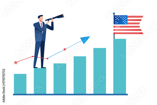 Businessman standing atop a rising graph chart, holding the American flag while looking through a telescope. Symbolizes vision, growth, analyzing and future success in the U.S. economy .Businessman g

