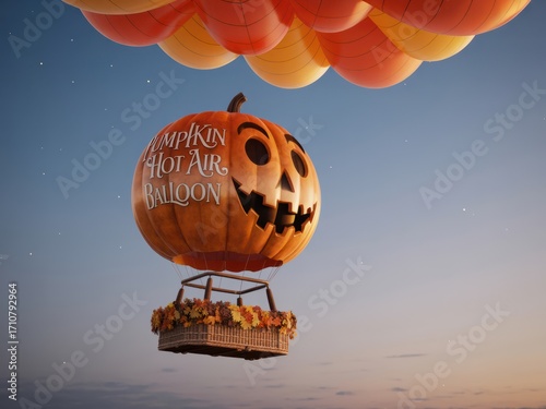 A whimsical pumpkin shaped hot air balloon floating in a twilight sky with cloud balloons