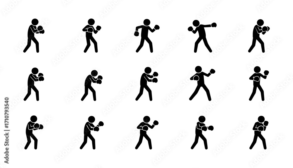 Naklejka premium Collection of 15 stickman boxing poses. Fighter silhouette in action with gloves, punching, defending, sparring, and training. Vector martial arts, sport, fitness, and combat icon set.
