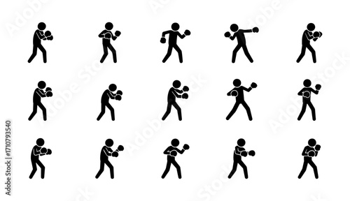 Collection of 15 stickman boxing poses. Fighter silhouette in action with gloves, punching, defending, sparring, and training. Vector martial arts, sport, fitness, and combat icon set.