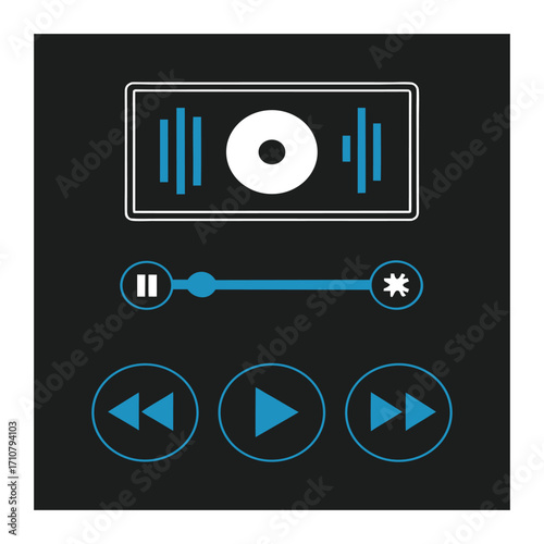 Modern music player interface design with play, pause, and skip icons in blue on black background. Stylish audio control panel for apps, websites, and media projects. Minimal digital sound UI.