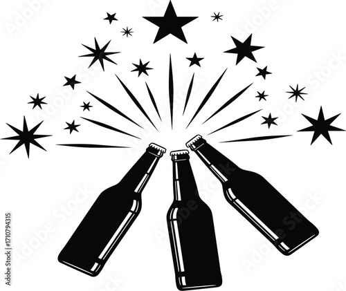 Three beer bottles clinking together with stars and lines, symbolizing celebration, party, friendship, and festive cheers for bar or event design