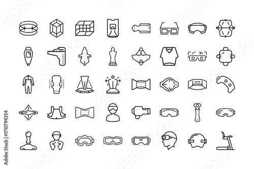 Minimalist Virtual and Augmented Reality Line Art Icon Collection – Modern VR and AR Headset, Mixed Reality, 3D Models, Hologram, Motion Controllers, and Immersive Technology Vector Symbols.