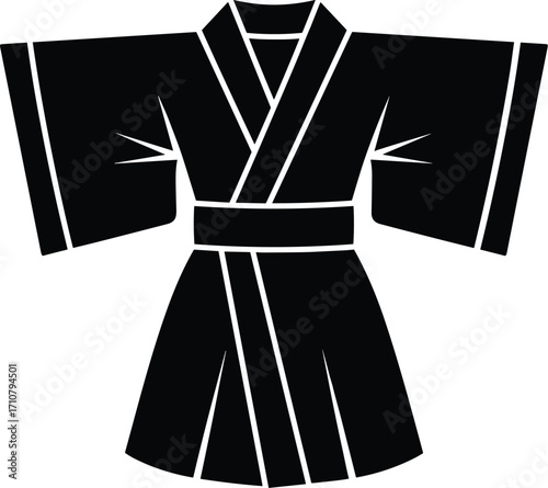 Traditional Japanese kimono silhouette vector illustration with wide sleeves and obi belt, cultural clothing design for festivals, ceremonies, martial arts themes