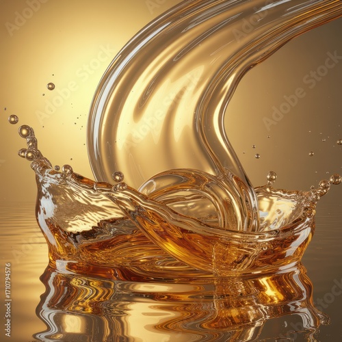 A golden liquid splash with droplets and reflections against a gradient gold background
