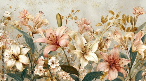 Elegant Blush and Gold Lilies:  Vintage Floral Botanical Illustration, Romantic Springtime Design