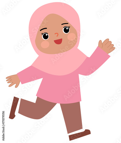 cartoon of a child wearing a pink hijab running happily