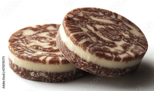 Two round, chocolate cookies with a swirled pattern