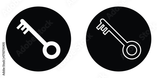 Silhouette key icon set on isolated white page. Black isolated vector key icon set on white background. Dark black circle key icon silhouette. Unlock keyword signs set on white page.  