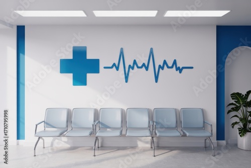 A waiting room with blue cross and heartbeat symbol on the wall and six empty chairs lined up