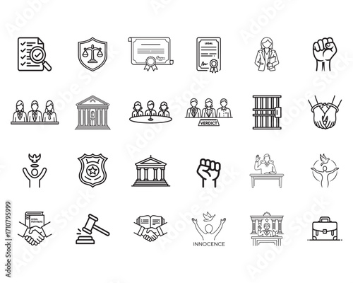 Set of legal and justice system icons including court, judge, lawyer, verdict, law books, prison, police, and innocence symbols