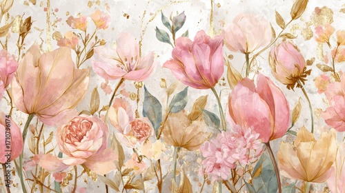 Elegant Blush Pink and Gold Floral Watercolor Design; Romantic Botanical Illustration with Delicate Textures.