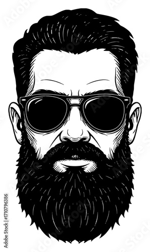 Serious Intimidating Man with Beard Wearing Sunglasses Black and White Outline Line Art Drawing