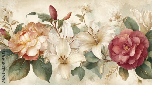 Elegant Vintage Floral Arrangement: Lilies, Roses, and Camellias in Soft Hues on Antique Paper Background
