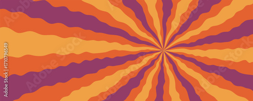 Halloween background with orange, purple, and yellow wavy rays, psychedelic abstract pattern. Retro groovy design, perfect for party posters, fabric, packaging, and seasonal decorations
