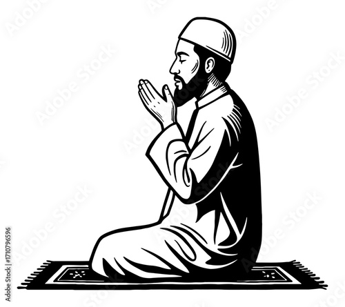 Arab Muslim Man Praying Kneeling on Prayer Mat in Traditional Clothes Black and White Outline Line Art Drawing