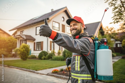 Pest Control Technician Happily Completing Treatment at Residential Property