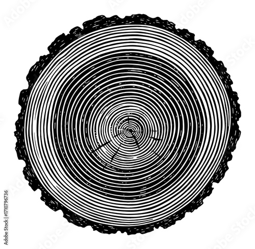 Black and White Outline Line Art Drawing of Tree Wood Cross Section with Annual Rings and Bark Texture