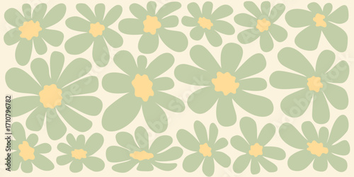 Green daisy psychedelic background with yellow centers in groovy retro style....