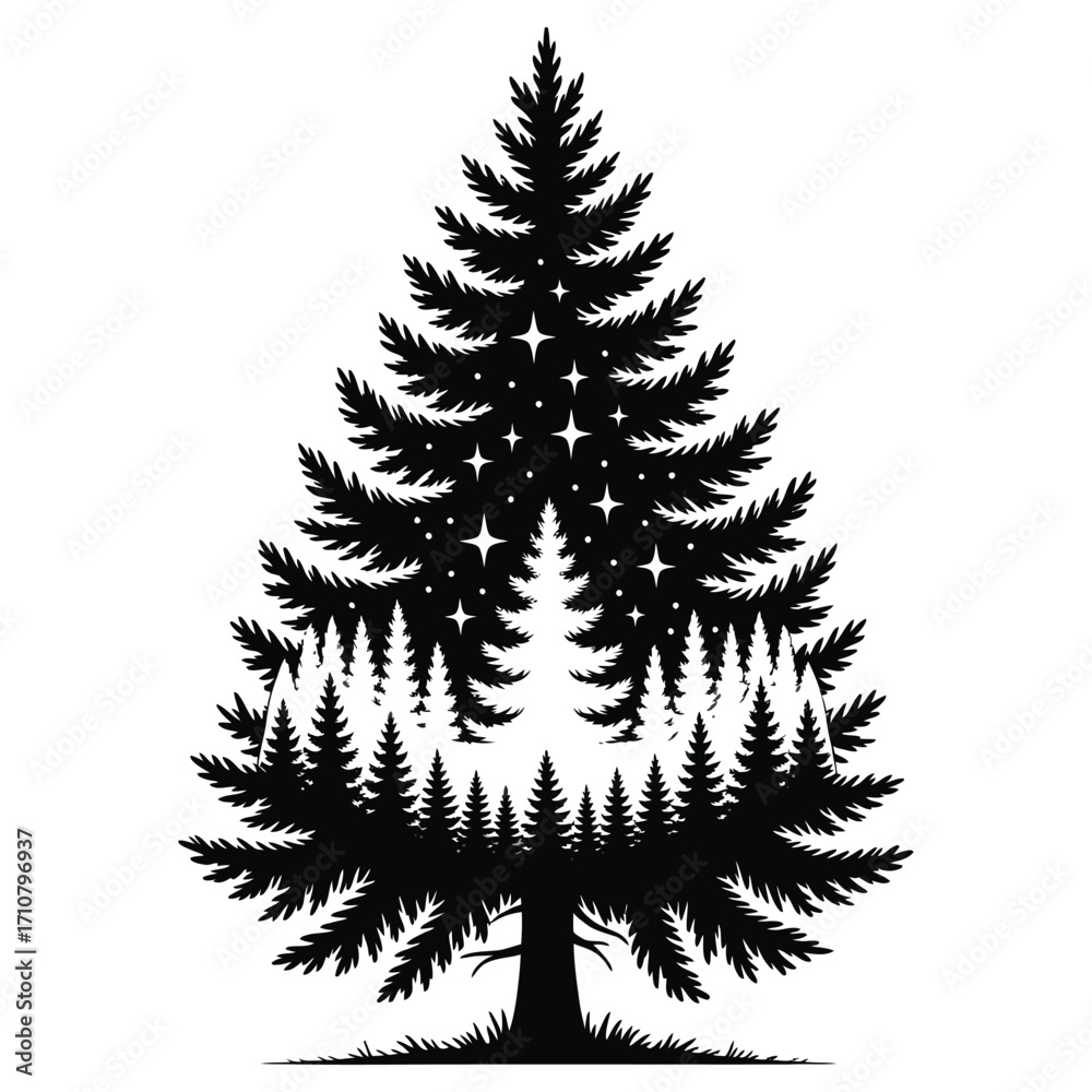 Fototapeta premium Black Silhouette of Pine Tree with Inner Forest and Stars white background