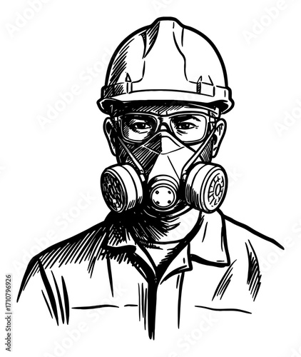 Man in Hard Hat and Respirator Mask Protecting from Hazard Black and White Outline Line Art Drawing